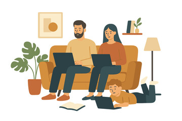 Whole family working remotely on laptops at home, husband and wife on sofa, child studying on floor, modern home interior, remote work lifestyle, gadget use concept