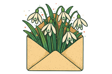 Whimsical spring flowers bouquet in beige envelope with snowdrops and green leaves, vintage mixed media floral collage, halftone texture, nature letter concept