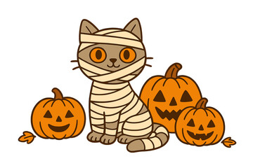 Cute mummy cat sitting with Halloween pumpkins, jack-o'-lanterns, smiling and scary faces, cartoon vector illustration, spooky autumn holiday decoration, transparent background