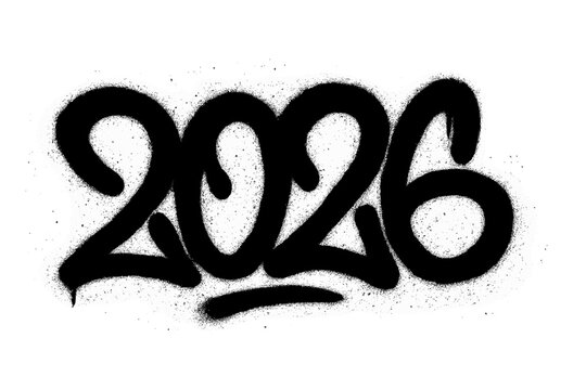 Urban graffiti tag 2026 sprayed black font with overspray effect, grunge street art style, vector cartoon illustration with transparent background, modern tag design for urban culture