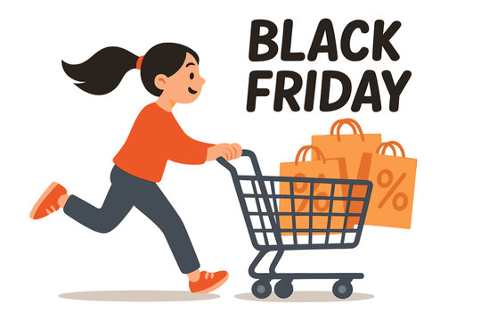 Young girl running with grocery cart shopping for Black Friday sale, big discounts, store reopening after quarantine, shopping bags with percent discount signs, flat vector illustration