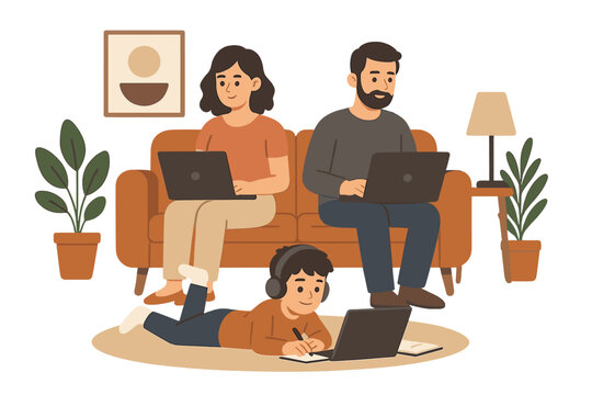 Family remote work concept. Parents on laptops on sofa. Child studying online. E-learning from home. Freelance lifestyle. Gadget addiction. Modern interior vector illustration.
