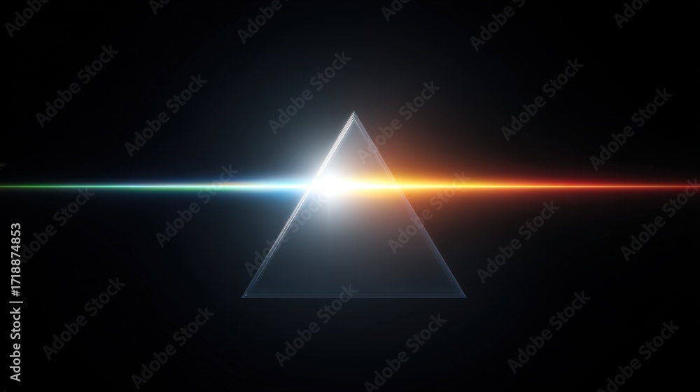 Poster abstract illustration of a prism dispersing light into a spectrum against a dark background, creatin