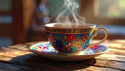 Ornate teacup steaming on wooden table
