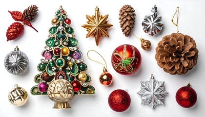 Christmas ornaments arranged on white
