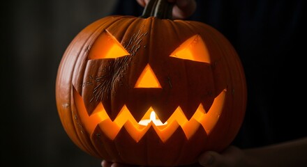 Fototapeta premium Lit jackolantern with triangular eyes and jagged mouth held against a dark background