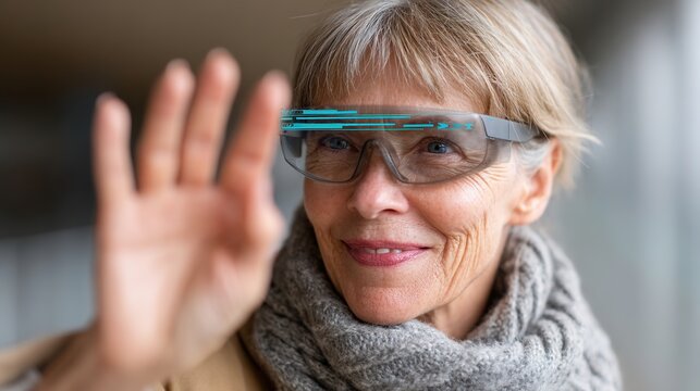 Senior Woman Using Smart Glasses in Modern Indoor Environment