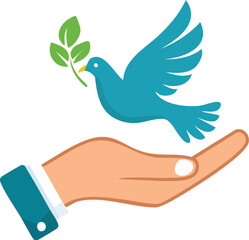 A teal dove carrying an olive branch lands gently on an outstretched hand, symbolizing peace and hope.
