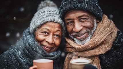 Elderly black couple smiling while enjoying hot drink cocoa in winter snow