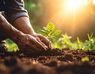 Hands planting a seedling under bright sunlight