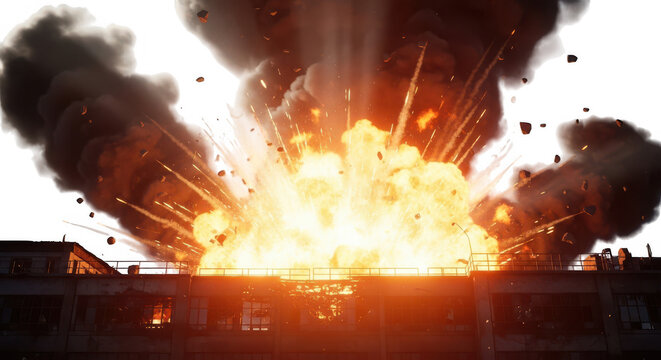 Massive explosion with debris and smoke over building isolated on transparent background