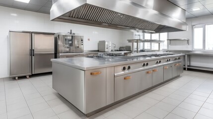 Fototapeta premium Modern stainless steel kitchen interior with industrial appliances, spacious counter, and organized storage for culinary professionals and restaurant chefs