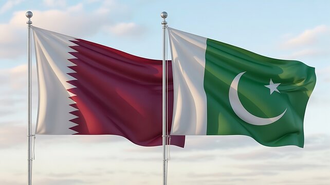 Flags of qatar and pakistan waving side by side against a cloudy sky backdrop image view
