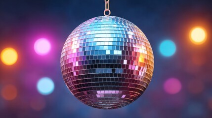 Obraz premium Sparkling Disco Ball Hanging in Air with Colorful Bokeh Lights Background Creating a Vibrant Party Atmosphere for Events and Celebrations