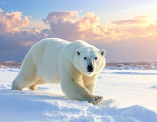 Majestic polar bear traversing a snow-covered Arctic landscape at sunset.