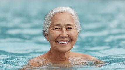 Joyful senior woman with gray hair smiling in a swimming pool surrounded by water, depicting happiness and relaxation in a serene environment