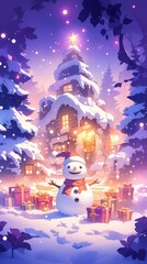 Obraz premium Snowman wearing a hat and scarf stands cheerfully in front of a cozy wooden cabin covered in snow. Colorful gifts surround the scene, illuminated by warm lights.