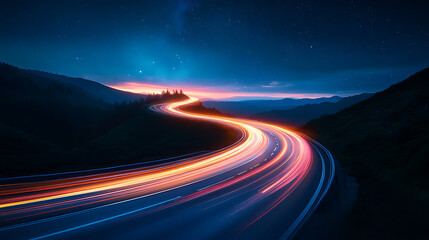 Vibrant light trails of a winding road at twilight with distant city lights glowing
