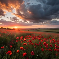 Fototapeta premium Vibrant red poppies bloom in a field at sunset with dramatic clouds