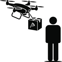 Drone delivery of pizza to a human customer concept of technology and fast food transportation in simple icon style