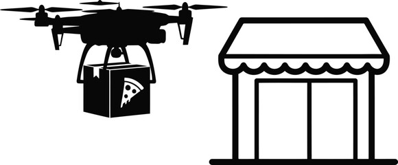 Drone pizza delivery concept illustration with shop and aerial transportation
