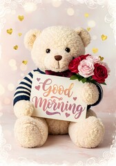 A cute, soft brown teddy bear with a red heart and flowers, an isolated plush toy perfect for a holiday or love-themed gift