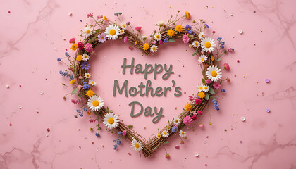 Heart Shaped Wildflower Wreath on Pink Background Mother’s Day