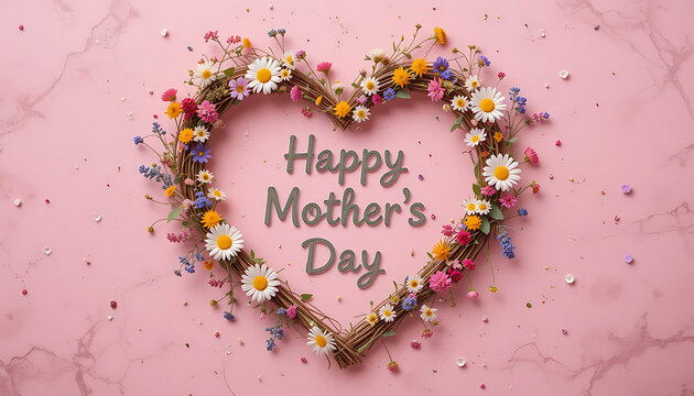 Heart Shaped Wildflower Wreath on Pink Background Mother&rsquo;s Day