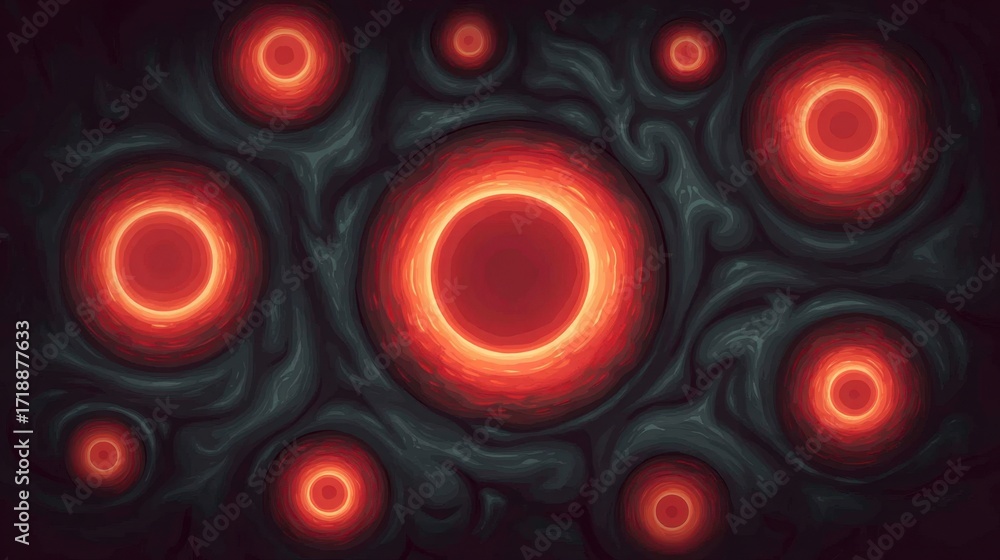Poster abstract glowing circles on dark background with swirling patterns creating a modern artistic design