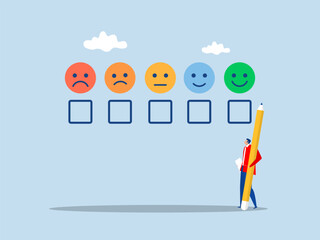 Businessman holding pencil thinking about experience and giving rating on questionnaire with happyCustomer rating concept. Feedback from consumer for liking product and service vector