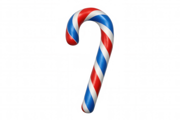 Candy cane with red, white, and blue stripes for patriotic holidays, celebrations, and sweet treats on transparent background