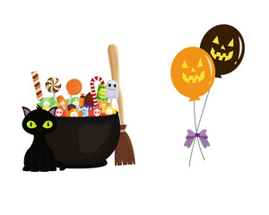 Festive Halloween illustration set with a black cat, cauldron of candy, witch's broom, and spooky balloons on a white background