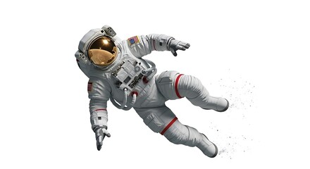 Fototapeta premium Astronaut floating in space with a white suit and golden helmet, against a white background.