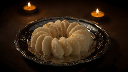 Delicious Indian sweets arranged on a vintage silver platter, illuminated by candlelight.