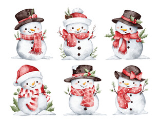 Watercolor Illustration Set of Snowman with Christmas Decoration