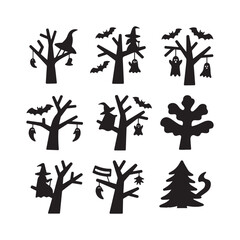 A set of black Halloween tree silhouettes isolated on a white background.