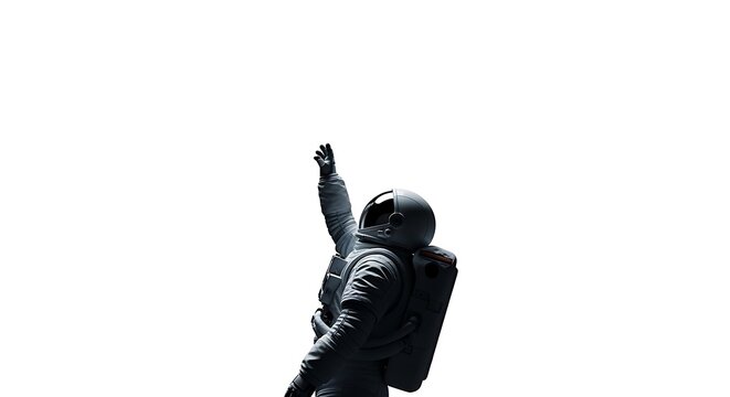 An astronaut in a spacesuit with their arm raised in a gesture of triumph against a stark white background.