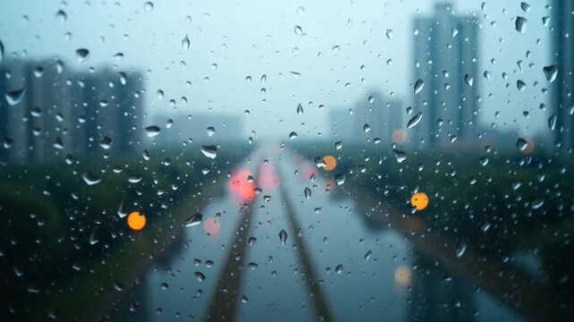 Raindrops on glass window. Water drops falling down on window pane in a rainy weather on city landscape.Wet drops on glass. Close-up.