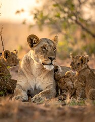 Lioness with cubs at sunrise