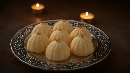 Delicious Indian sweets arranged on an ornate silver plate, perfect for festive occasions.
