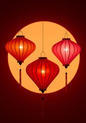 Obraz premium Three vibrant Chinese lanterns, hanging against a warm sunset backdrop, illuminated and showcasing traditional design.