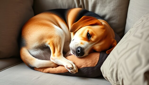 The Sofa Snuggler Dog A Beagle curls up on the sofa cushions res