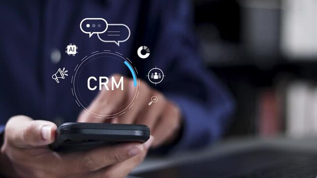 CRM for sales, Sales control and monitoring software with client database. Customer relationship management software. Businessman with virtual icon.
