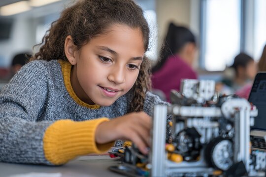 Hispanic middle school girls programming robots in technology classroom with focused concentration and collaborative learning, promoting girls coding education initiatives.