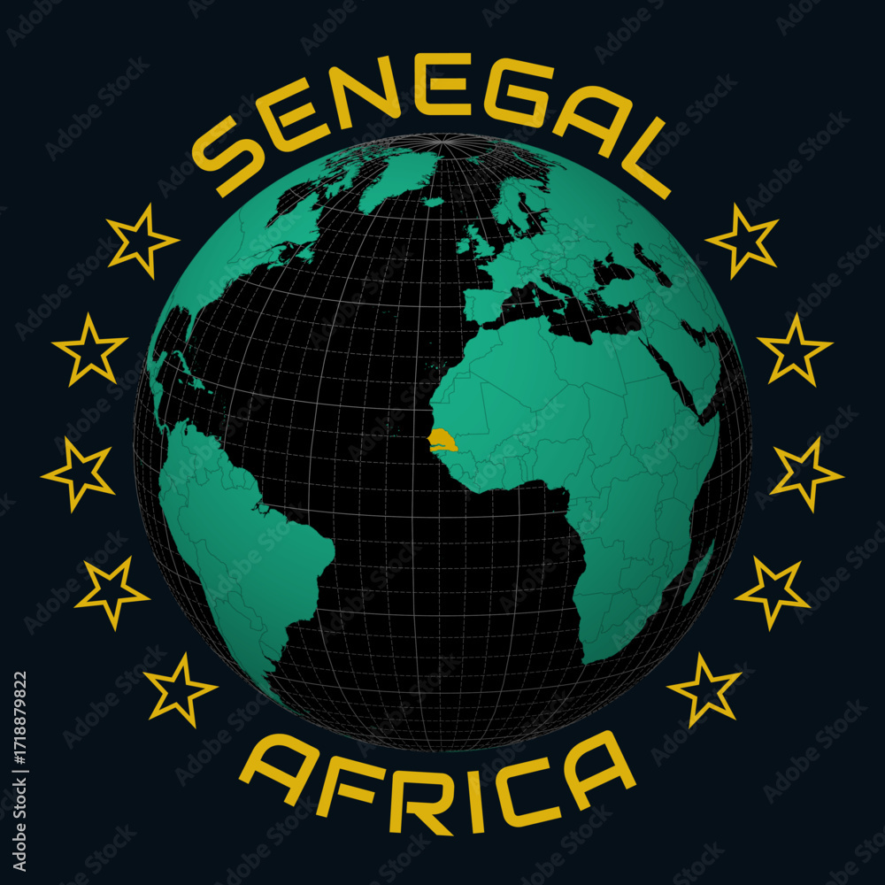 Poster senegal on globe. round country and continent name text. country view on world map in black emerald 