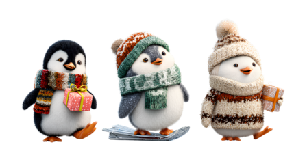 Holiday Penguin Trio Featuring Festive, Playful, and Cozy Designs isolated on transparent background