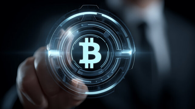 A person interacts with a futuristic holographic interface displaying a cryptocurrency symbol.