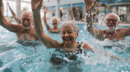 Diverse group of seniors participating in water aerobics class with instructor in swimming pool, demonstrating active aging and energetic group fitness activities.