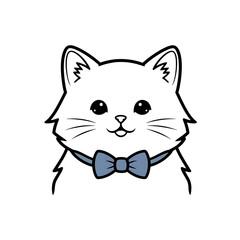 Charming cartoon white cat wearing a blue bow tie, isolated on transparent background