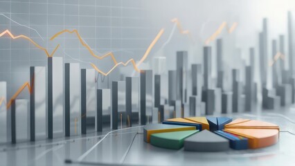 3D charts and graphs illustrate financial data
